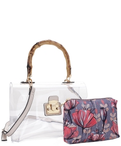 Bamboo Top Handle with Flower Pouch Clear Bag Set CR20412 BEIGE